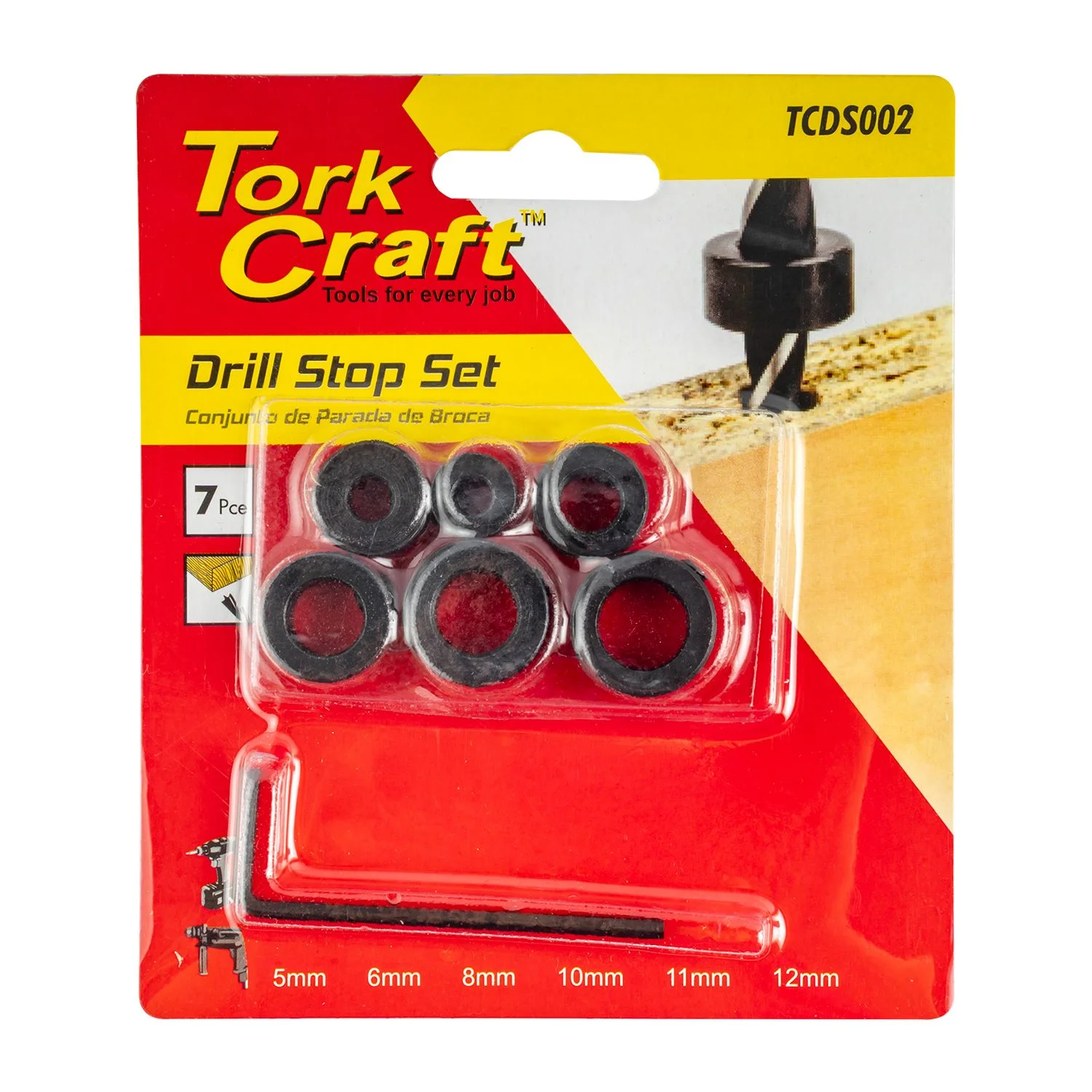 TCDS002.webp TORK CRAFT 7PC DRILL STOP SET (5.6.8.10.11.12MM) C/W ALLEN KEY - Image 1
