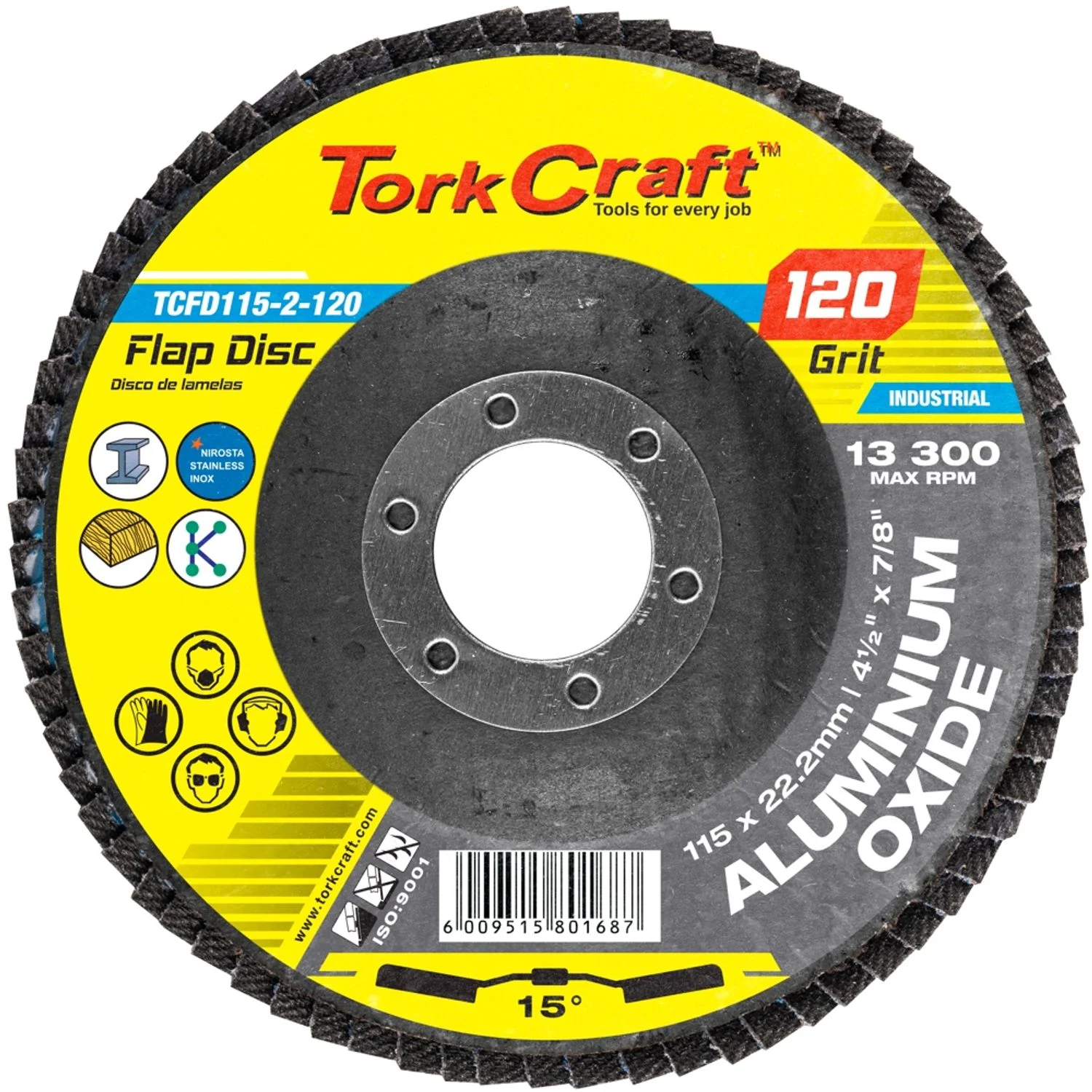 TCFD115-2-120.webp FLAP DISC 115MM 15 DEG.ANGLE 120GRIT A/O - Image 1