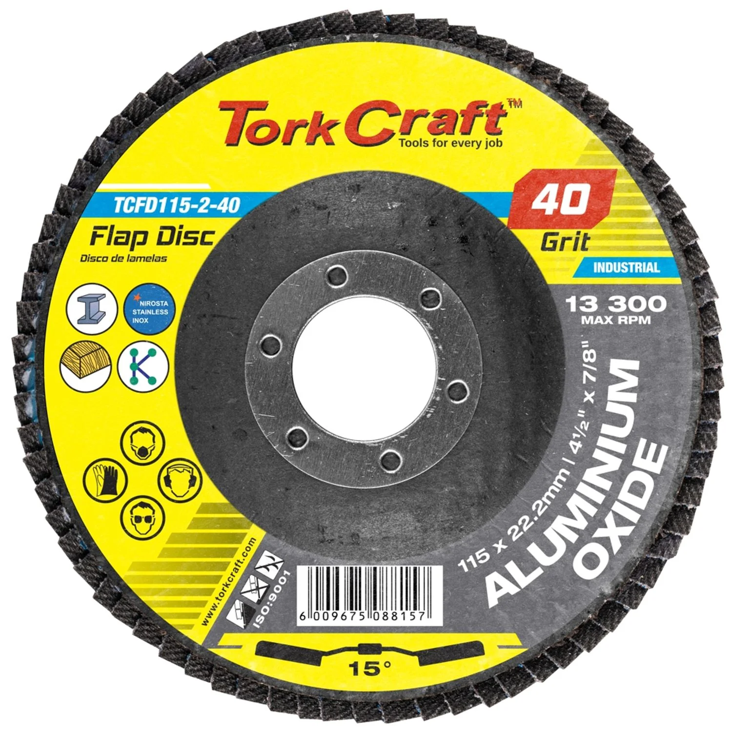 TCFD115-2-40.webp FLAP DISC 115MM 15 DEG.ANGLE 40GRIT A/O - Image 1