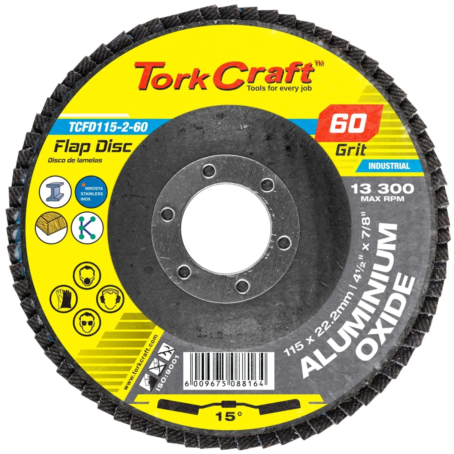 TCFD115-2-60.webp FLAP DISC 115MM 15 DEG.ANGLE 60GRIT A/O - Image 1
