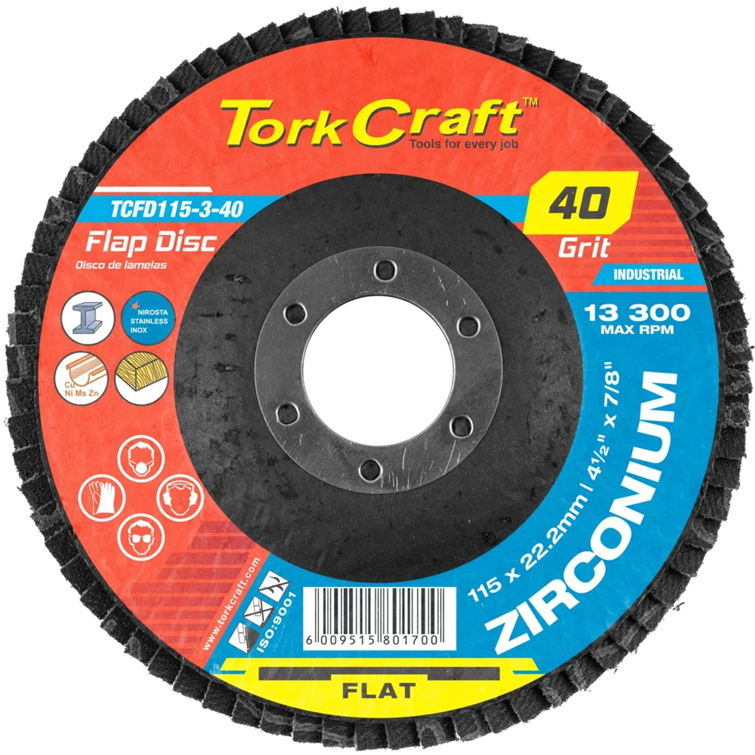 TCFD115-3-40.webp FLAP DISC ZIRCONIUM 115MM 40 GRIT FLAT - Image 1