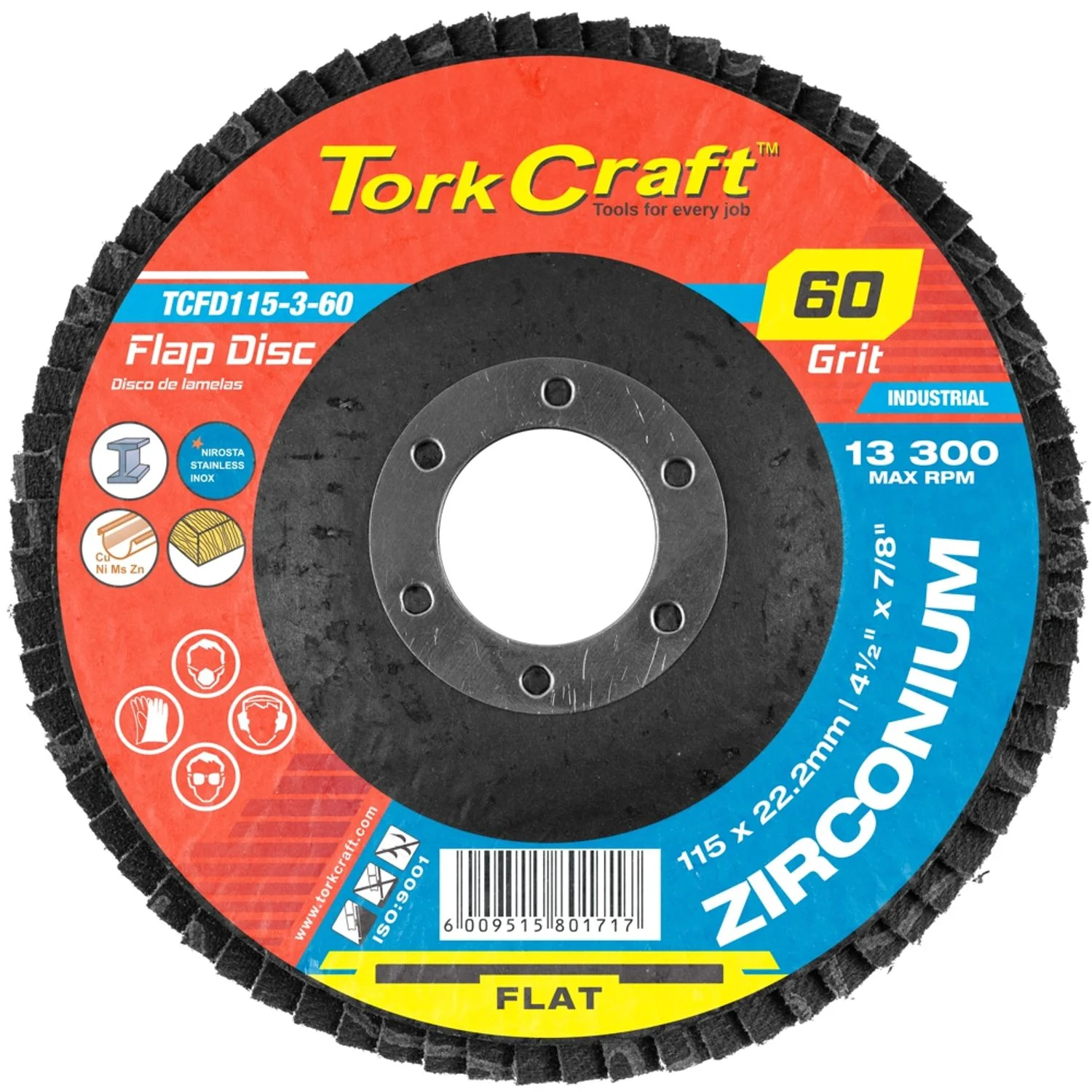 TCFD115-3-60.webp FLAP DISC ZIRCONIUM 115MM 60 GRIT FLAT - Image 1