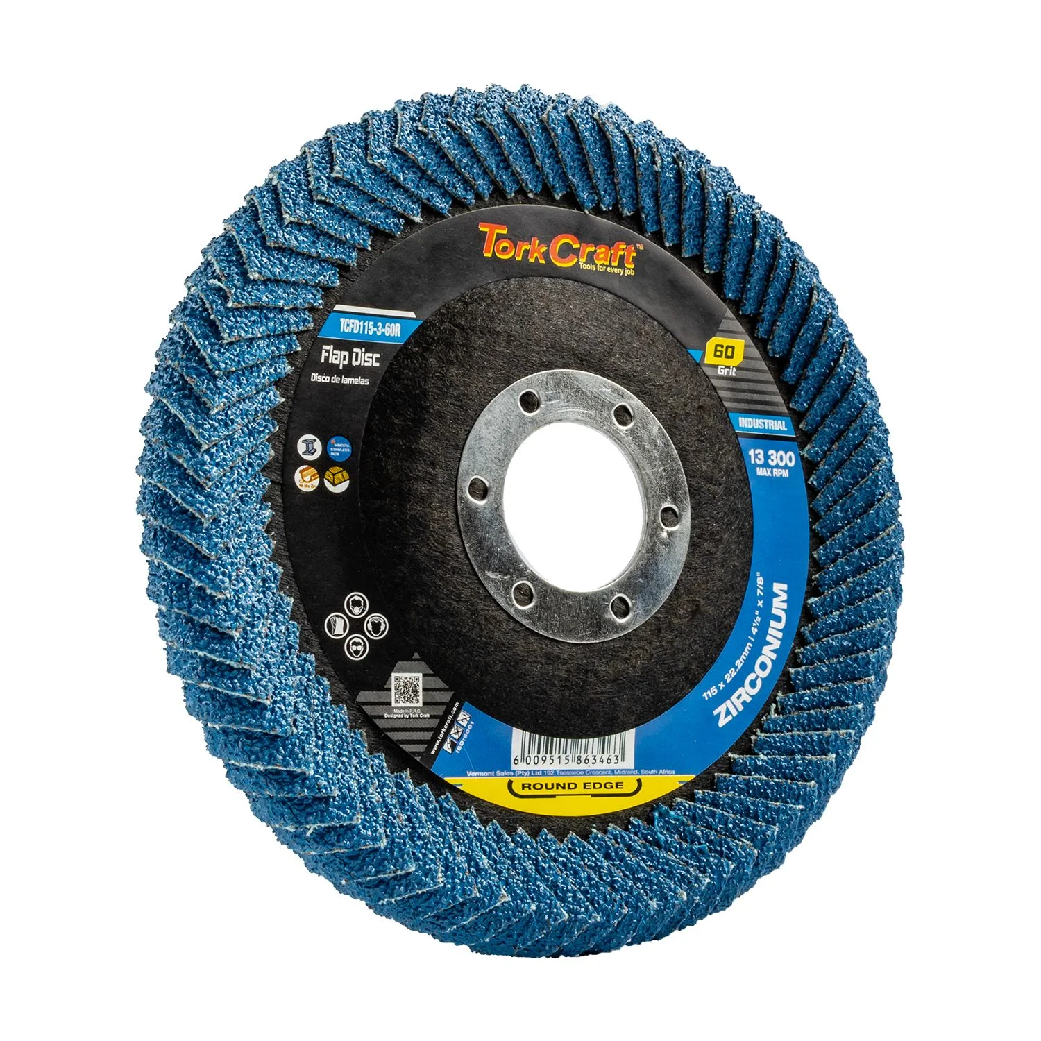 TCFD115-3-60R.webp FLAP DISC ROUND EDGE ZIRCONIUM 115MM 60 GRIT FLAT - Image 1