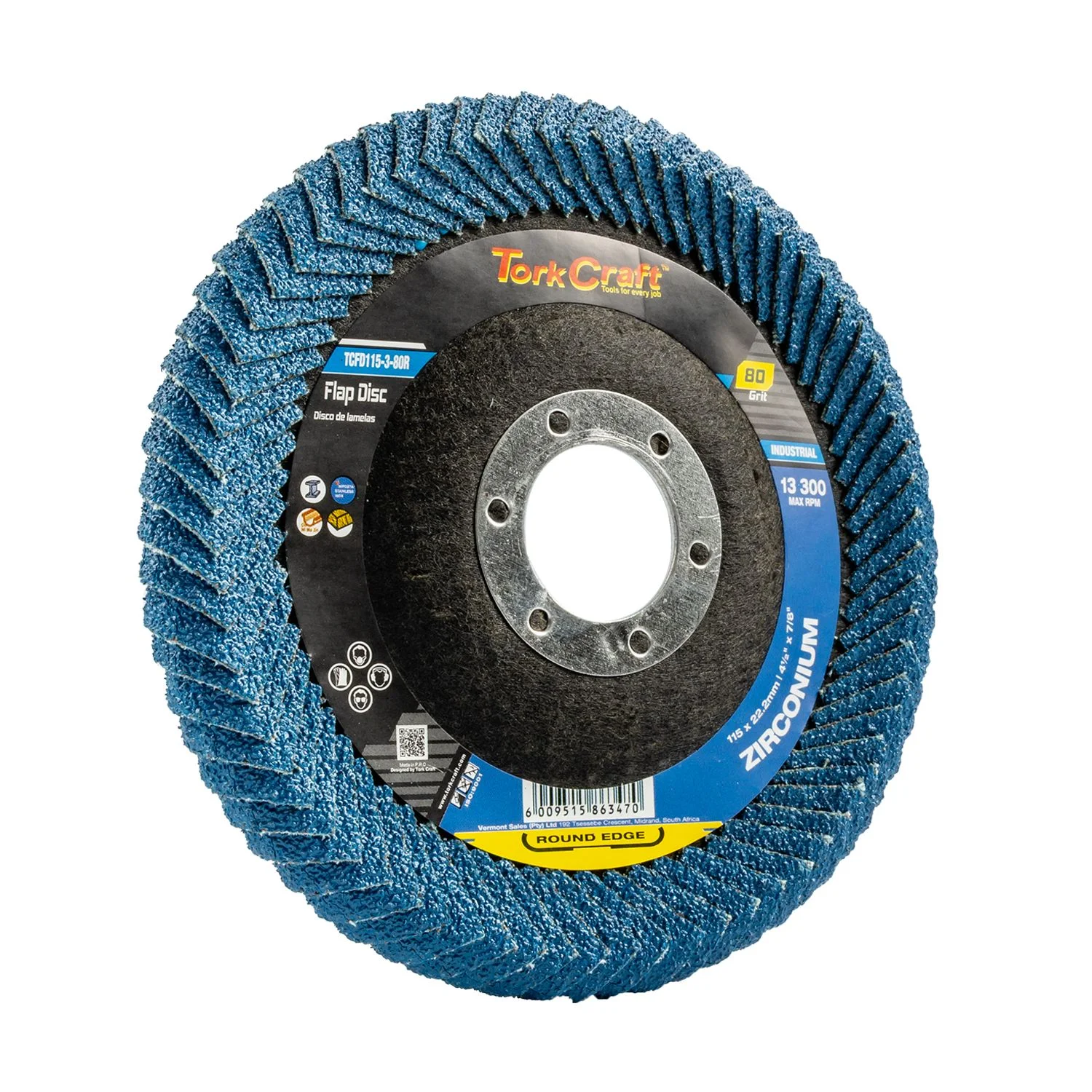 TCFD115-3-80R.webp FLAP DISC ROUND EDGE ZIRCONIUM 115MM 80 GRIT FLAT - Image 1
