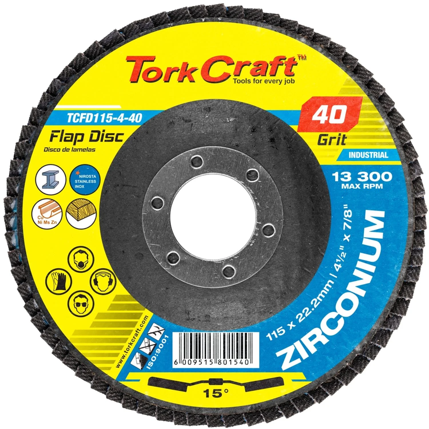 TCFD115-4-40.webp FLAP DISC ZIRCONIUM 115MM 40GRIT ANGLED - Image 1