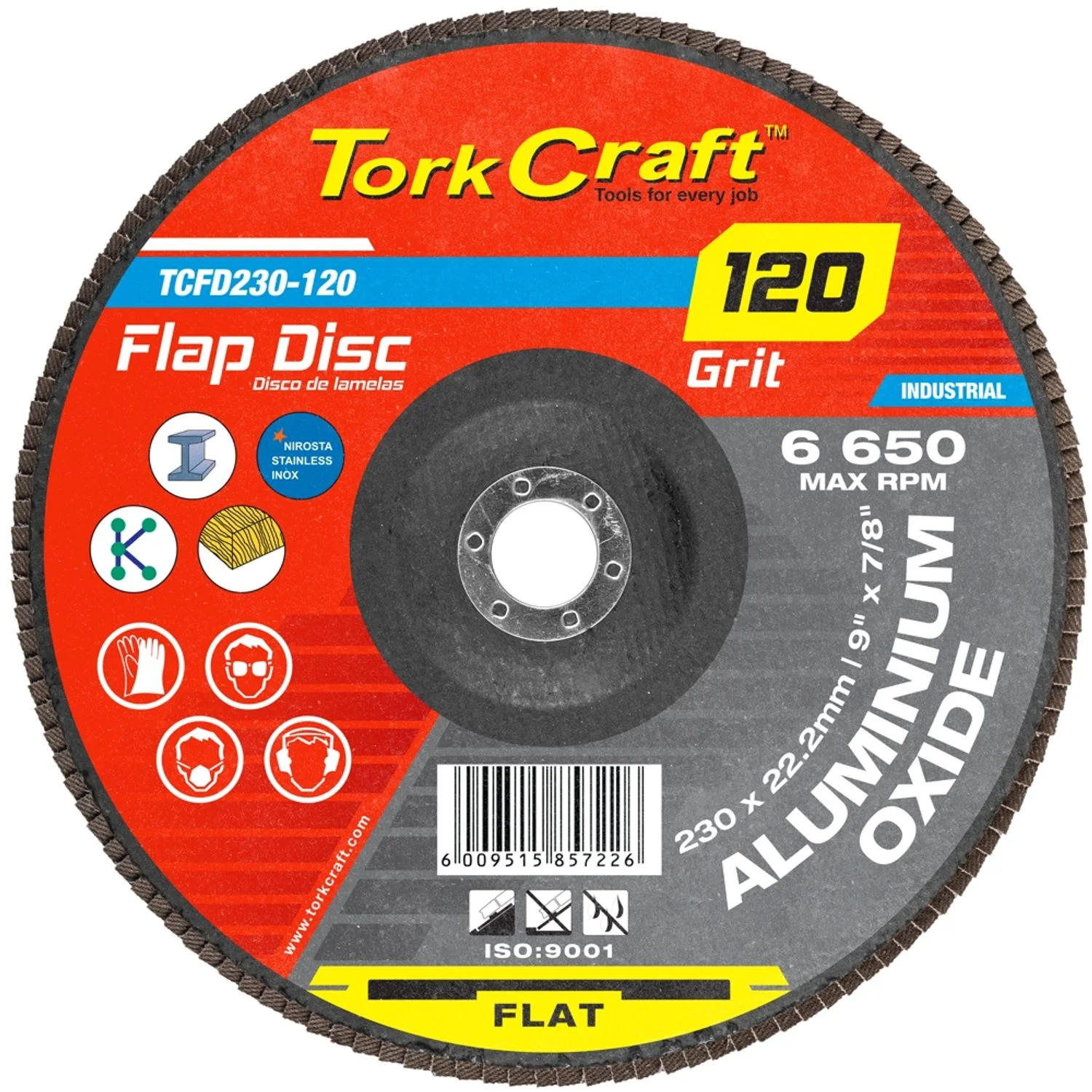 TCFD230-120.webp FLAP SANDING DISC 230MM 120GRIT A/O - Image 1