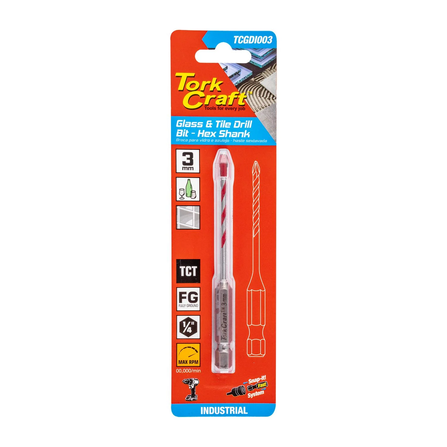 TCGDI003.webp GLASS and TILE DRILL 3MM HEX SHANK INDUSTRIAL - Image 1