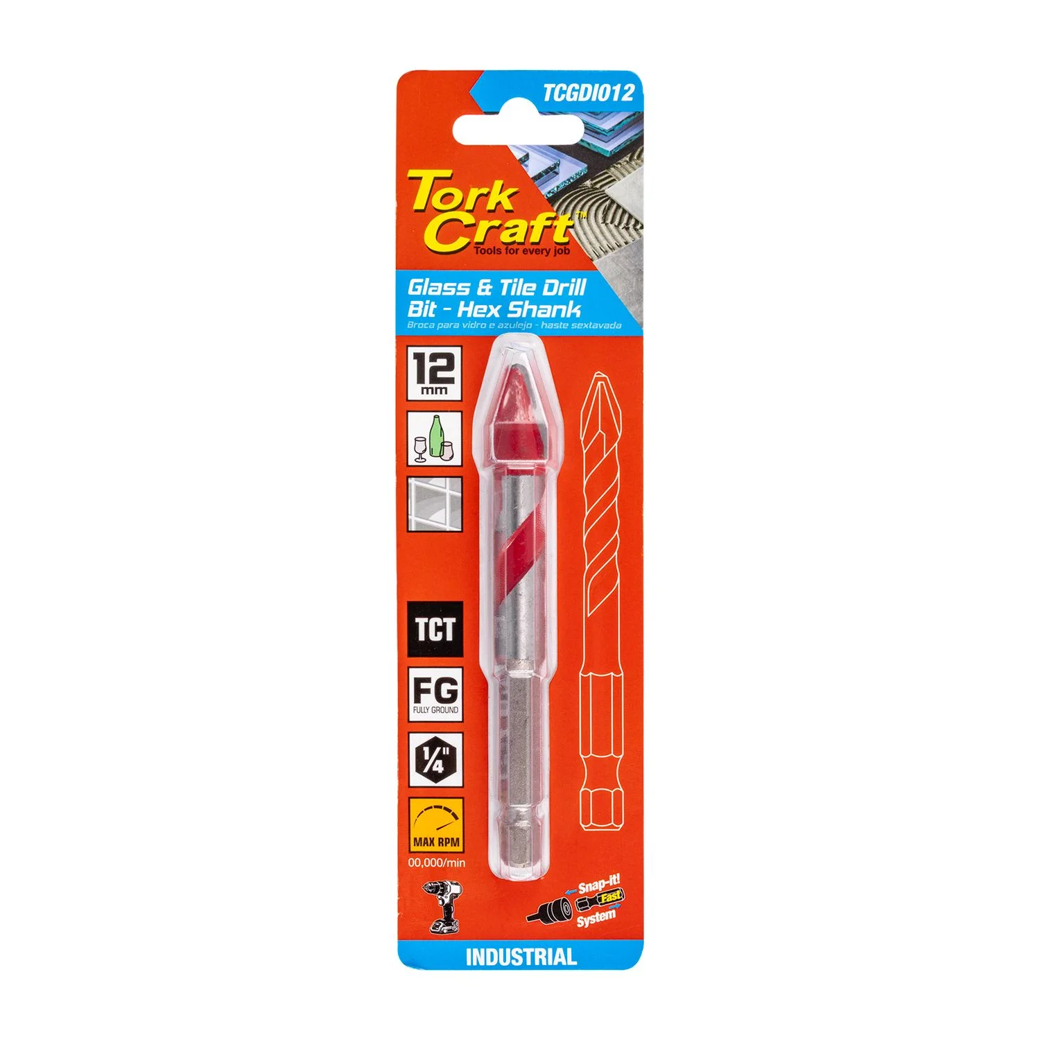TCGDI012.webp GLASS and TILE DRILL 12MM HEX SHANK INDUSTRIAL - Image 1