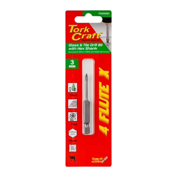 GLASS and TILE DRILL 3MM 4 FLUTE WITH HEX SHANK