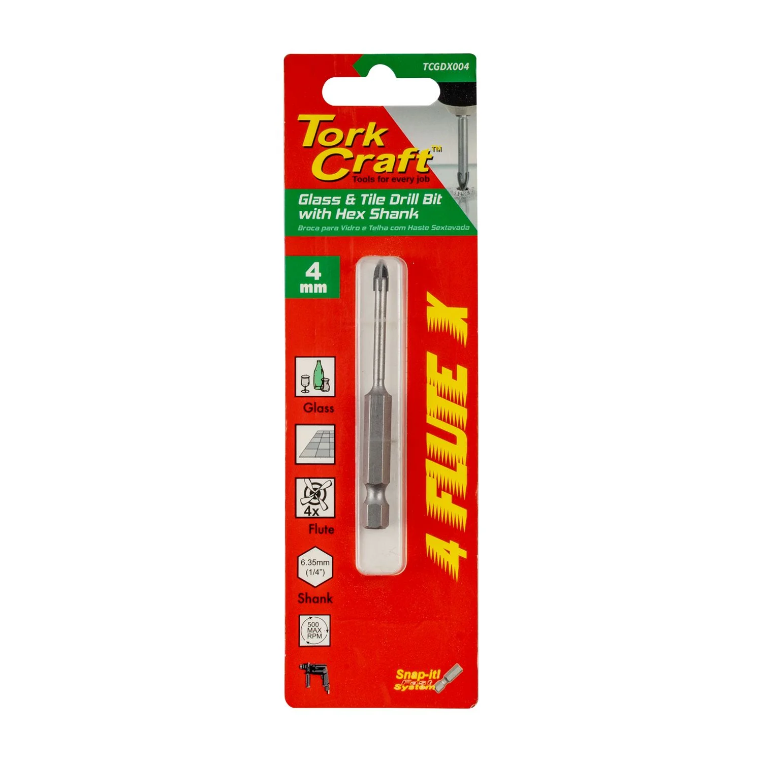 TCGDX004.webp GLASS and TILE DRILL 4MM 4 FLUTE WITH HEX SHANK - Image 1