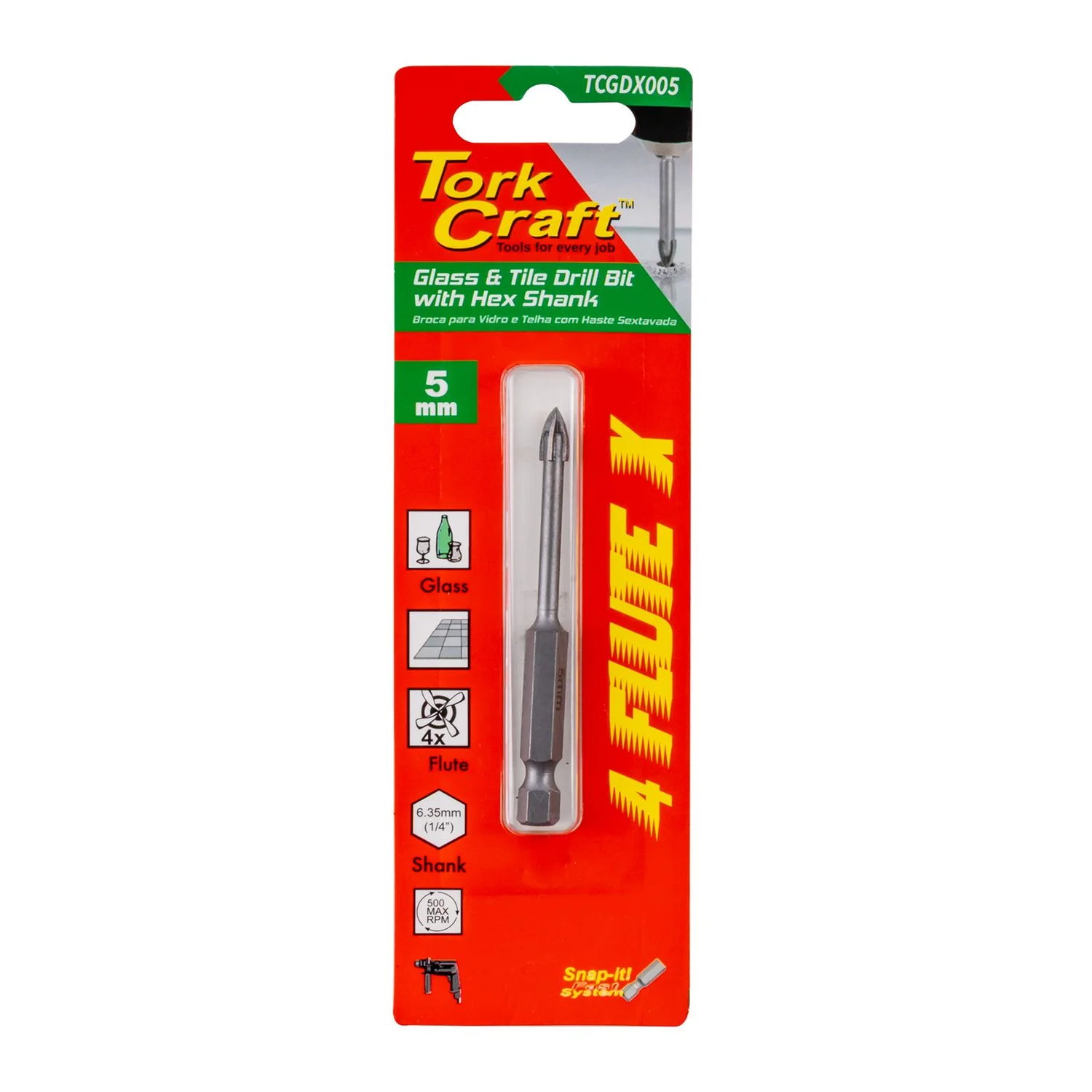 TCGDX005.webp GLASS and TILE DRILL 5MM 4 FLUTE WITH HEX SHANK - Image 1