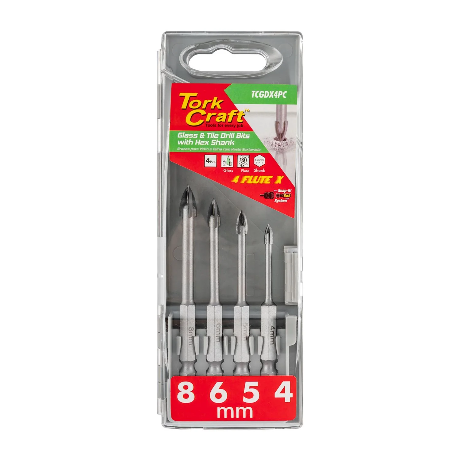 TCGDX4PC.webp GLASS and TILE DRILL 4 FLUTE SET 4PC 4/5/6/8MM IN PLASTIC CASE - Image 1