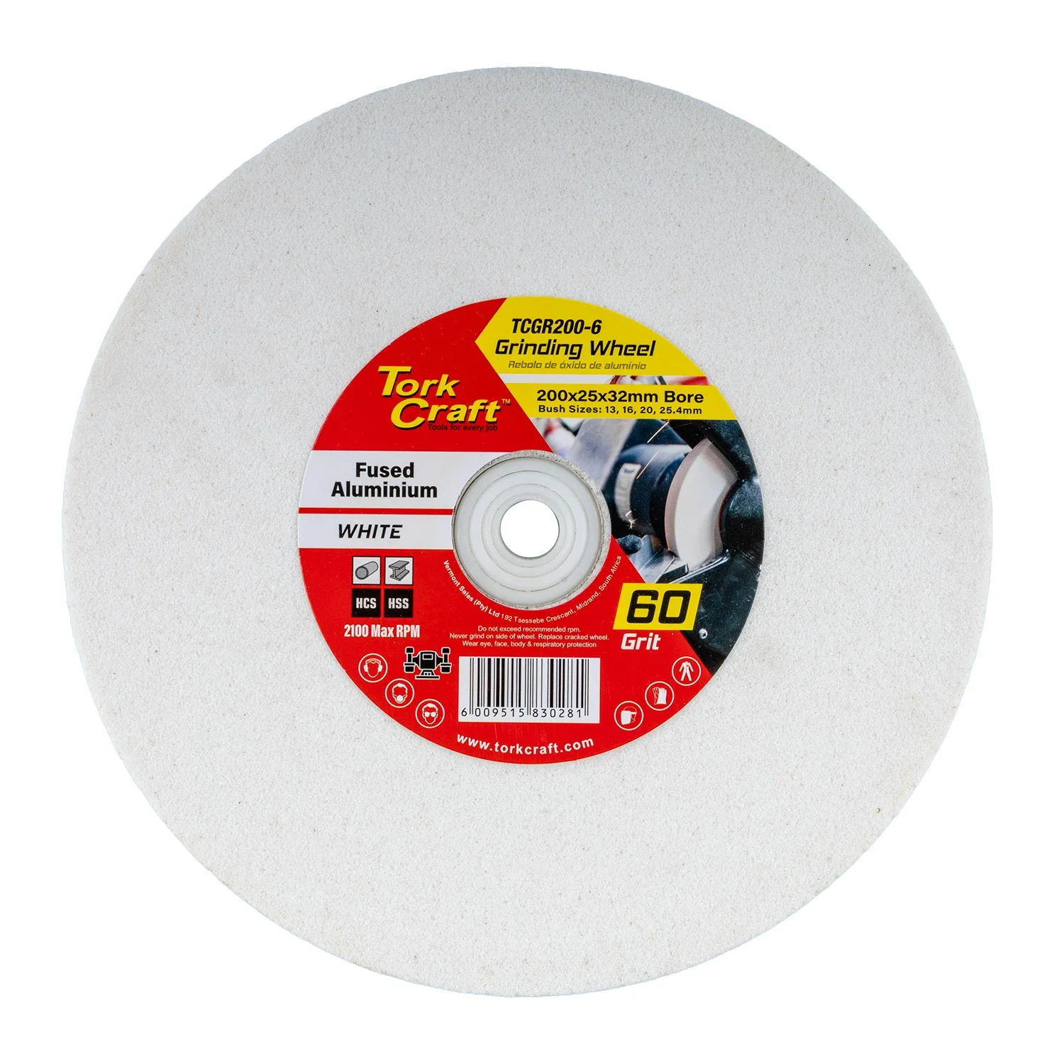 TCGR200-6.webp GRINDING WHEEL 200X25X32MM BORE FINE 60GR W/BUSHES FOR B/G WHITE - Image 1