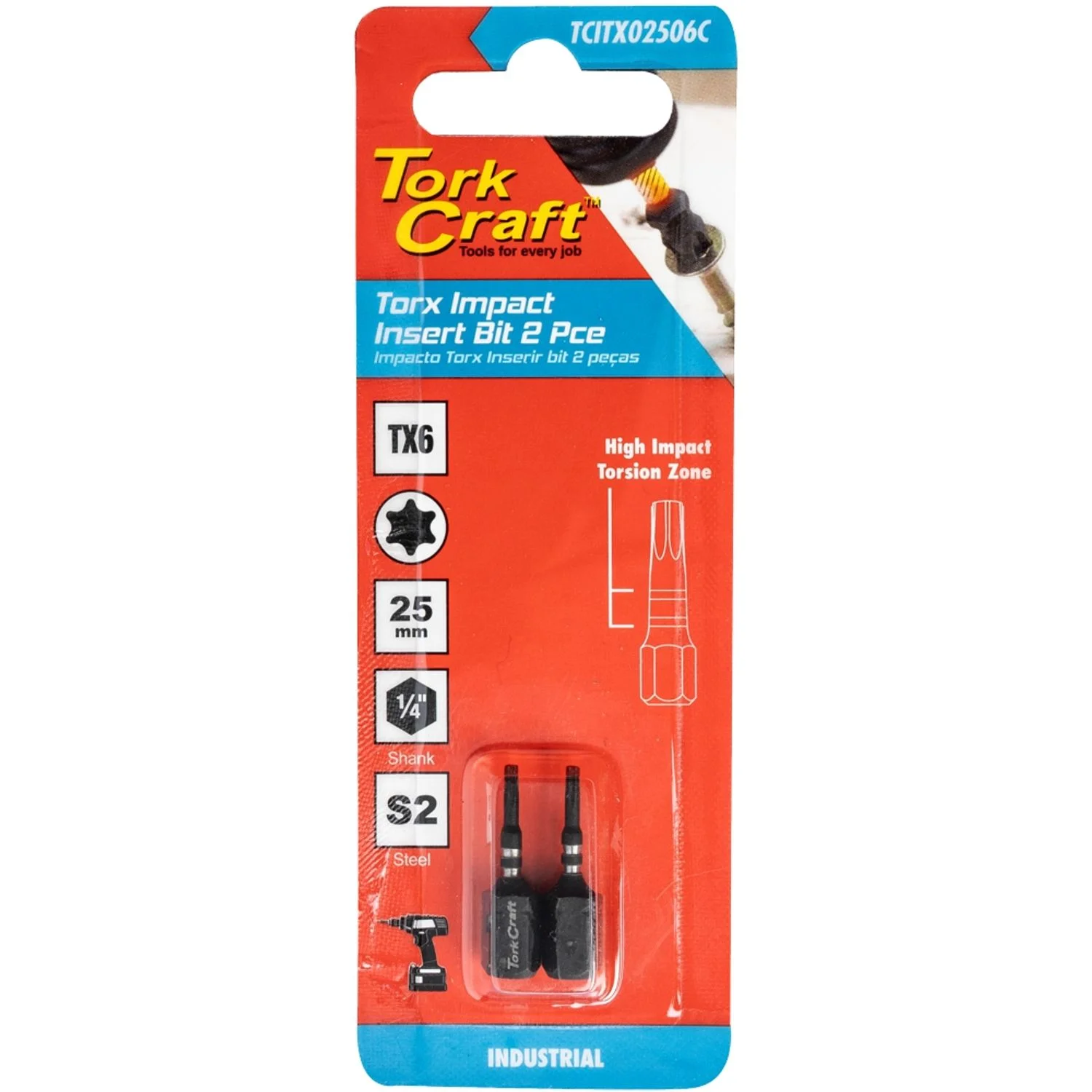 TCITX02506C.webp TORX TX 6 IMPACT INSERT BIT 25MM 2PC CARDED - Image 1