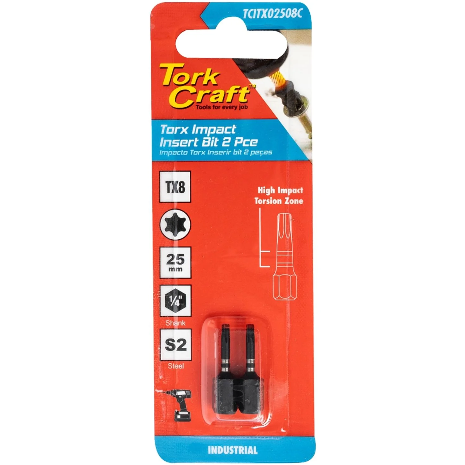 TCITX02508C.webp TORX TX 8 IMPACT INSERT BIT 25MM 2PC CARDED - Image 1