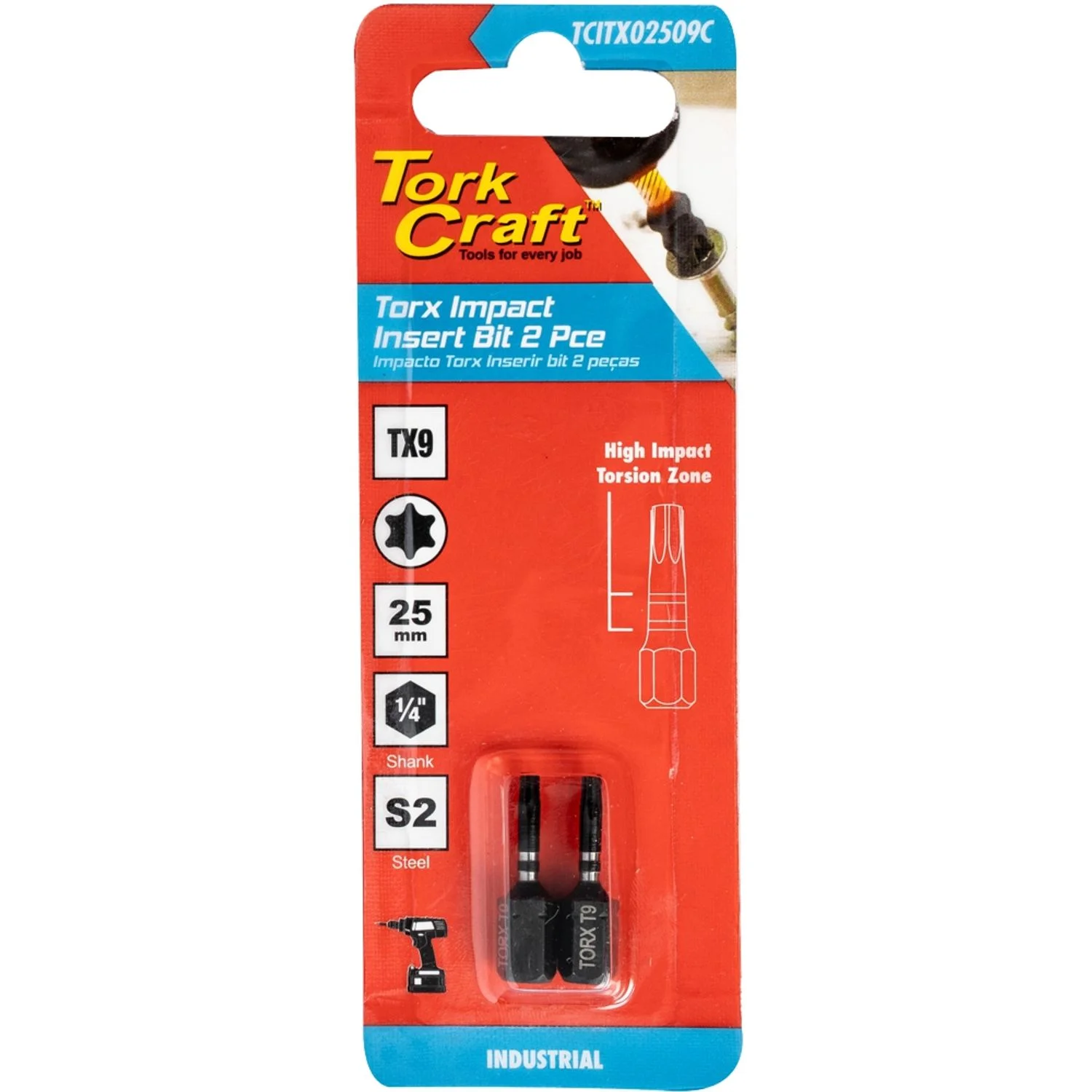 TCITX02509C.webp TORX TX 9 IMPACT INSERT BIT 25MM 2PC CARDED - Image 1