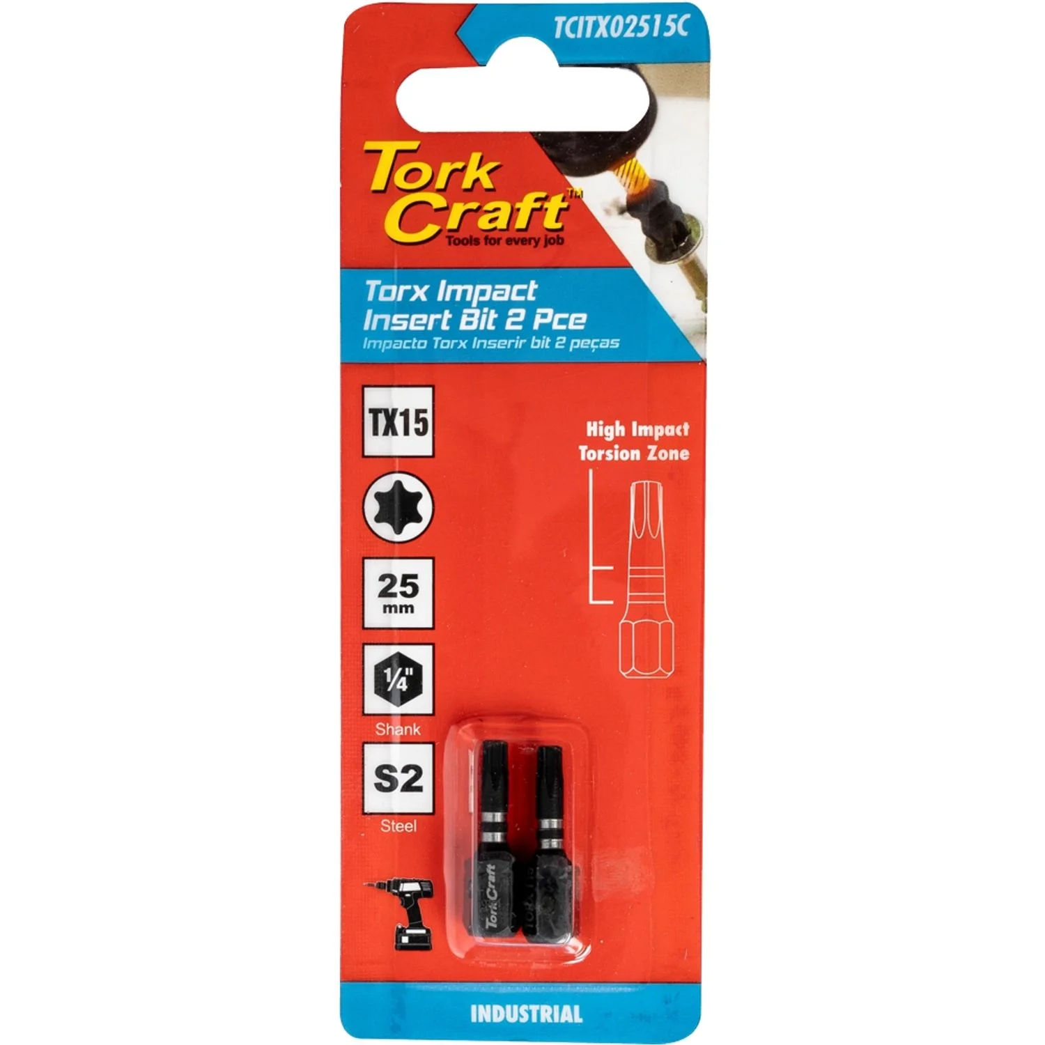 TCITX02515C.webp TORX TX 15 IMPACT INSERT BIT 25MM 2PC CARDED - Image 1