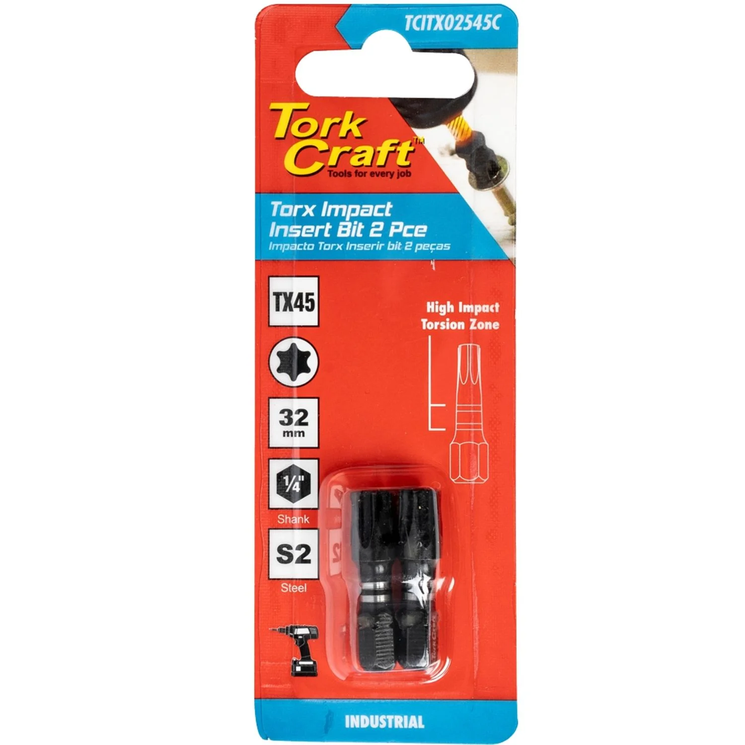TCITX02545C.webp TORX TX 45 IMPACT INSERT BIT 25MM 2PC CARDED - Image 1