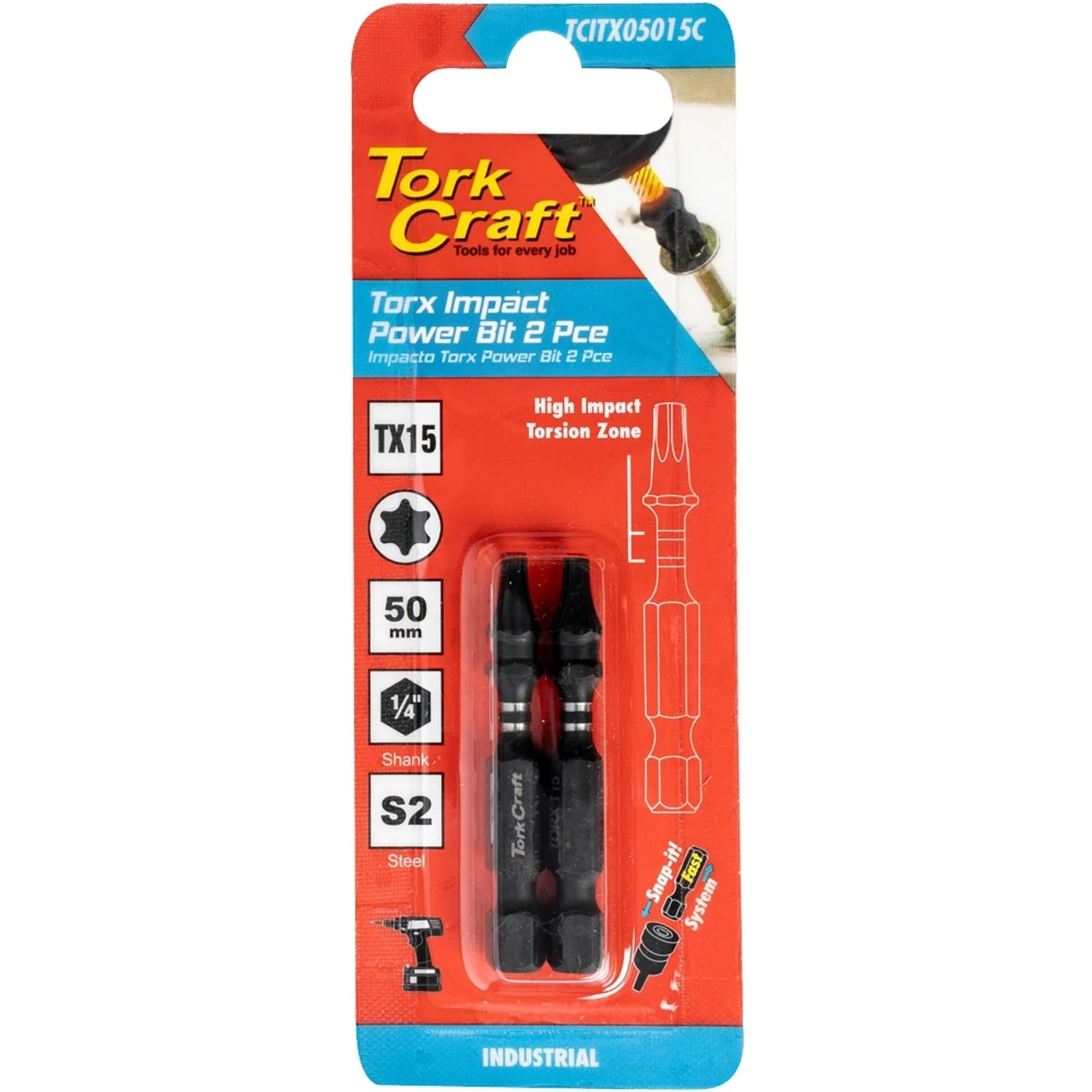TCITX05015C.webp TORX TX 15 IMPACT POWER BIT 50MM 2PC CARDED - Image 1