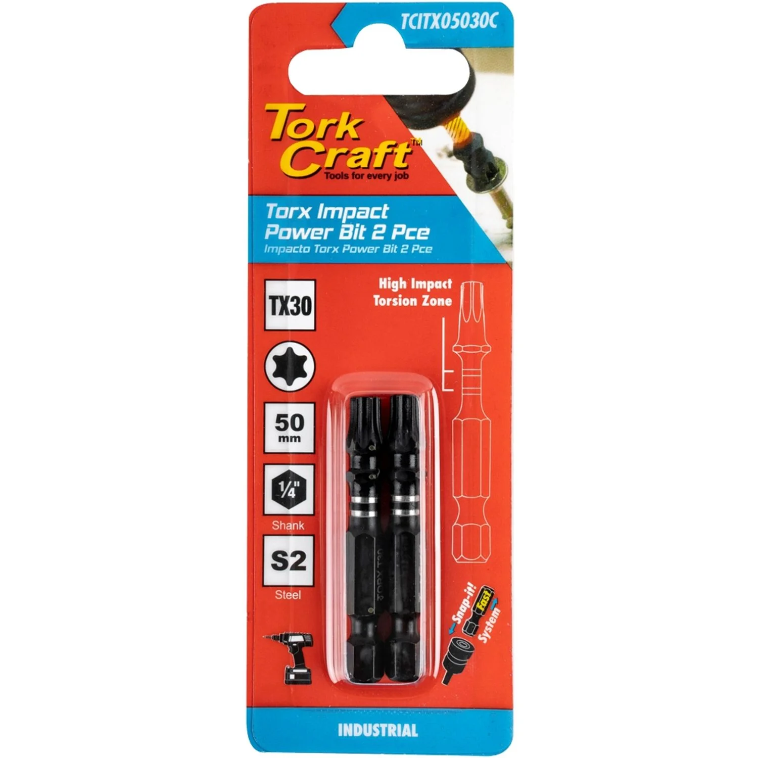 TCITX05030C.webp TORX TX 30 IMPACT POWER BIT 50MM 2PC CARDED - Image 1