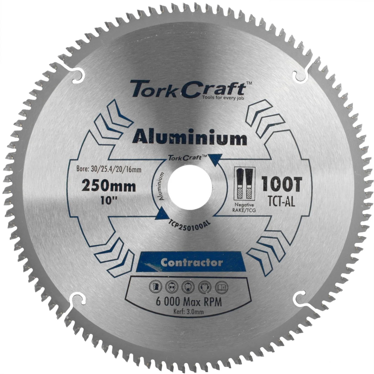 TCP250100AL.webp BLADE CONTRACTOR ALUM 250 X 100T 30/1/20/16 CIRCULAR SAW TCT - Image 1