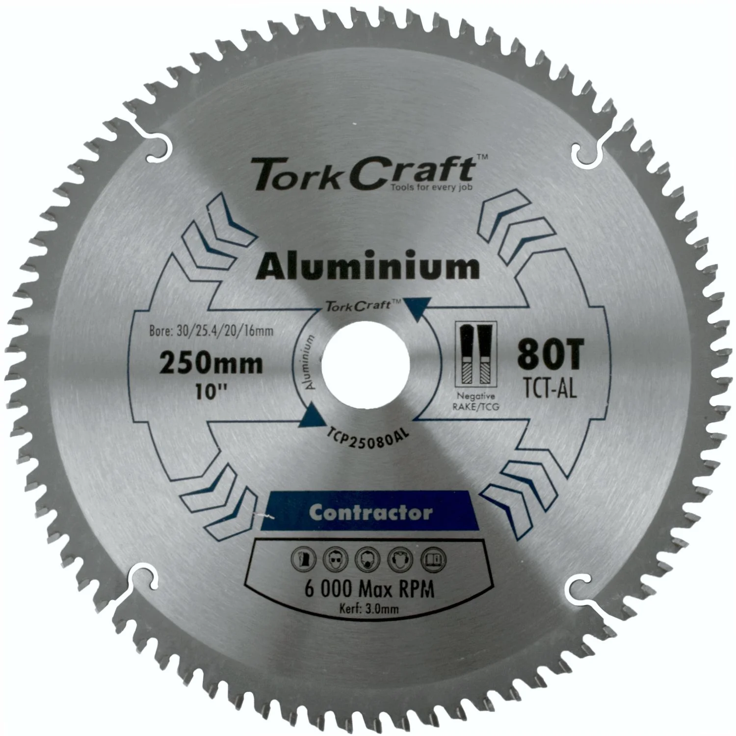TCP25080AL.webp BLADE CONTRACTOR ALUM 250 X 80T TCG NEG 30MM CIRCULAR SAW TCT - Image 1