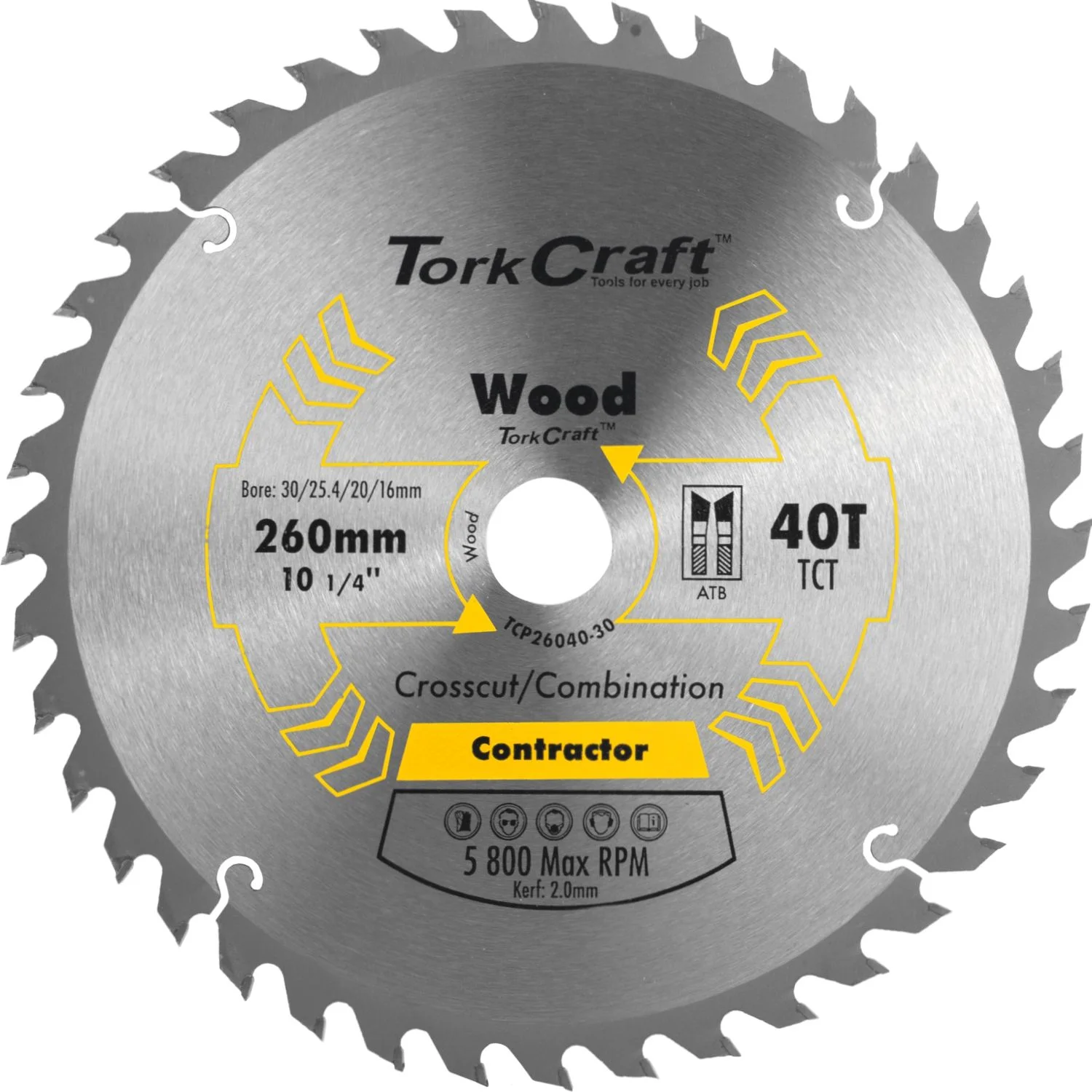 TCP26040-30.webp BLADE CONTRACTOR 260 X 40T 30/1/20/16 CIRCULAR SAW TCT - Image 1