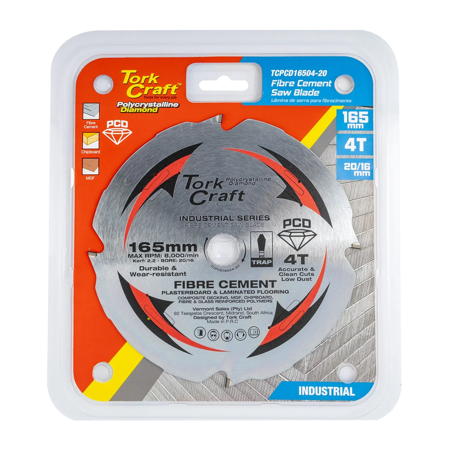 TCPCD16504-20.webp PCD SAW BLADE 165MM X 4T X20/16MM FIBRE CEM. MDF CHIPBOARD - Image 1