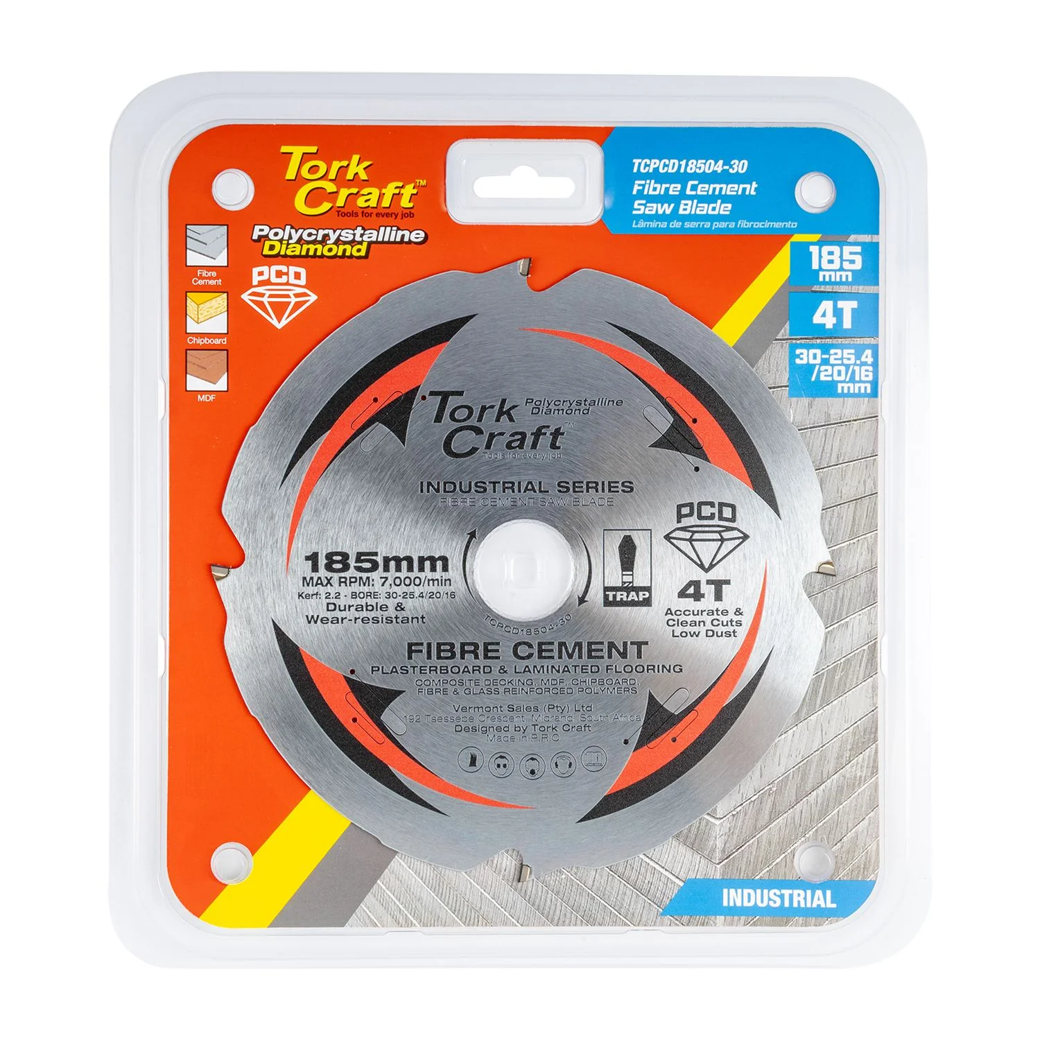 TCPCD18504-30.webp PCD SAW BLADE 185MM X 4T X 30/20/16MM FIBRE CEM. MDF CHIPBOARD - Image 1