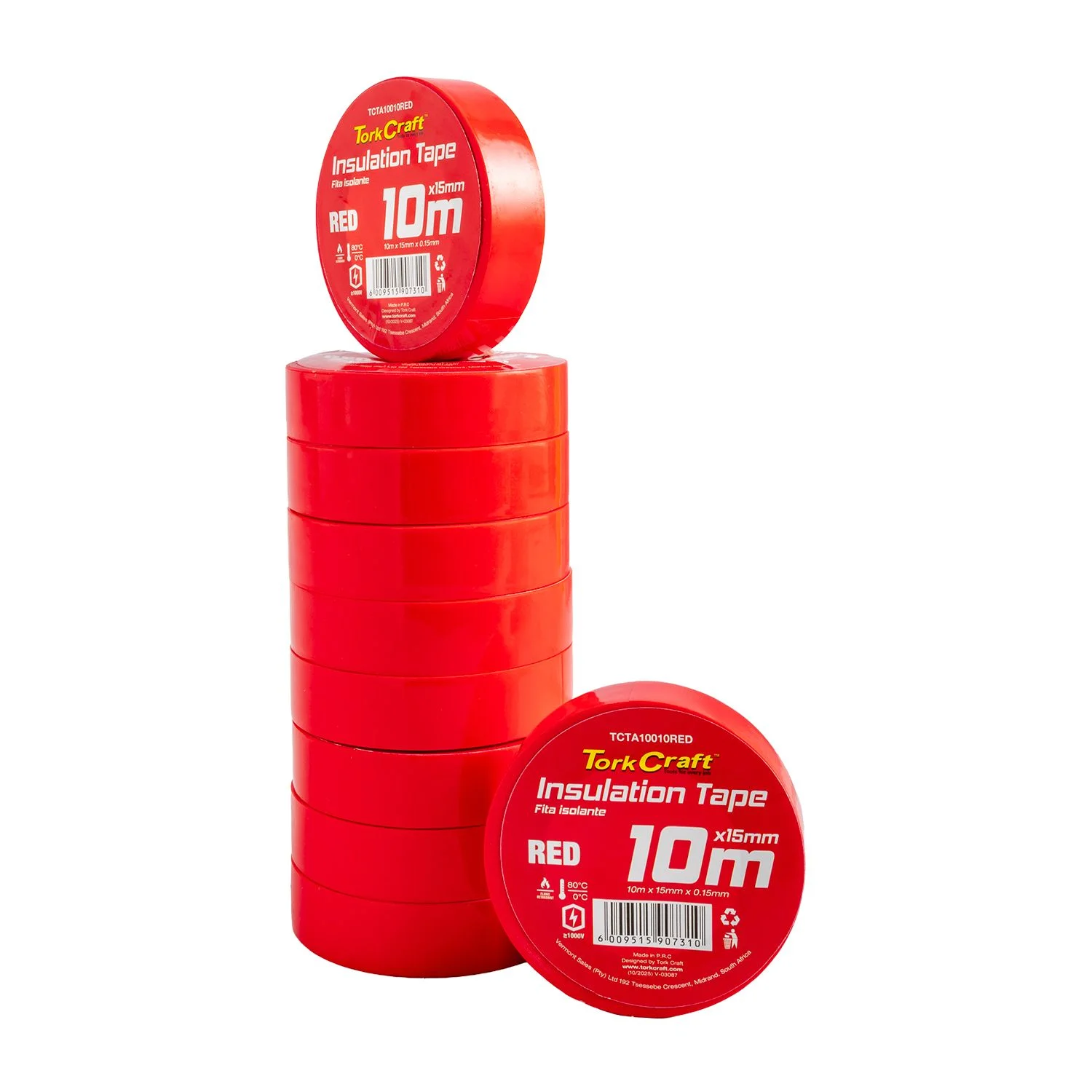 TCTA10010RED.webp 0.15MMX15MMX10M RED INSULATION TAPE - Image 1
