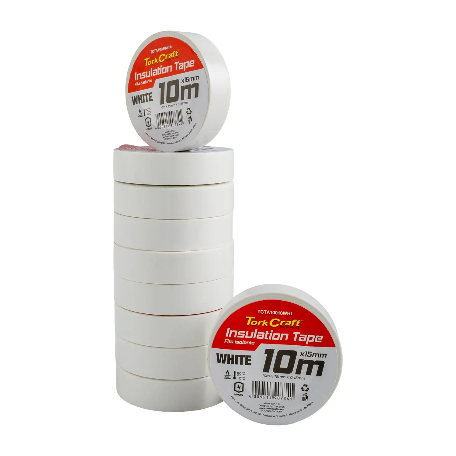 TCTA10010WHI.webp 0.15MMX15MMX10M WHITE INSULATION TAPE - Image 1