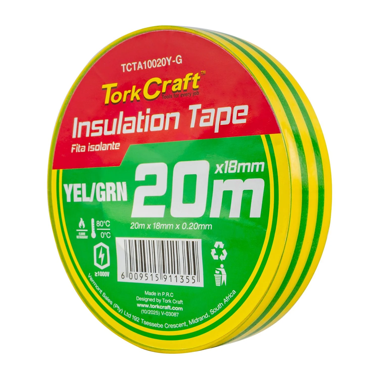 TCTA10020Y-G.webp 0.20MMX18MMX20M YELLOW AND GREEN INSULATION TAPE - Image 1