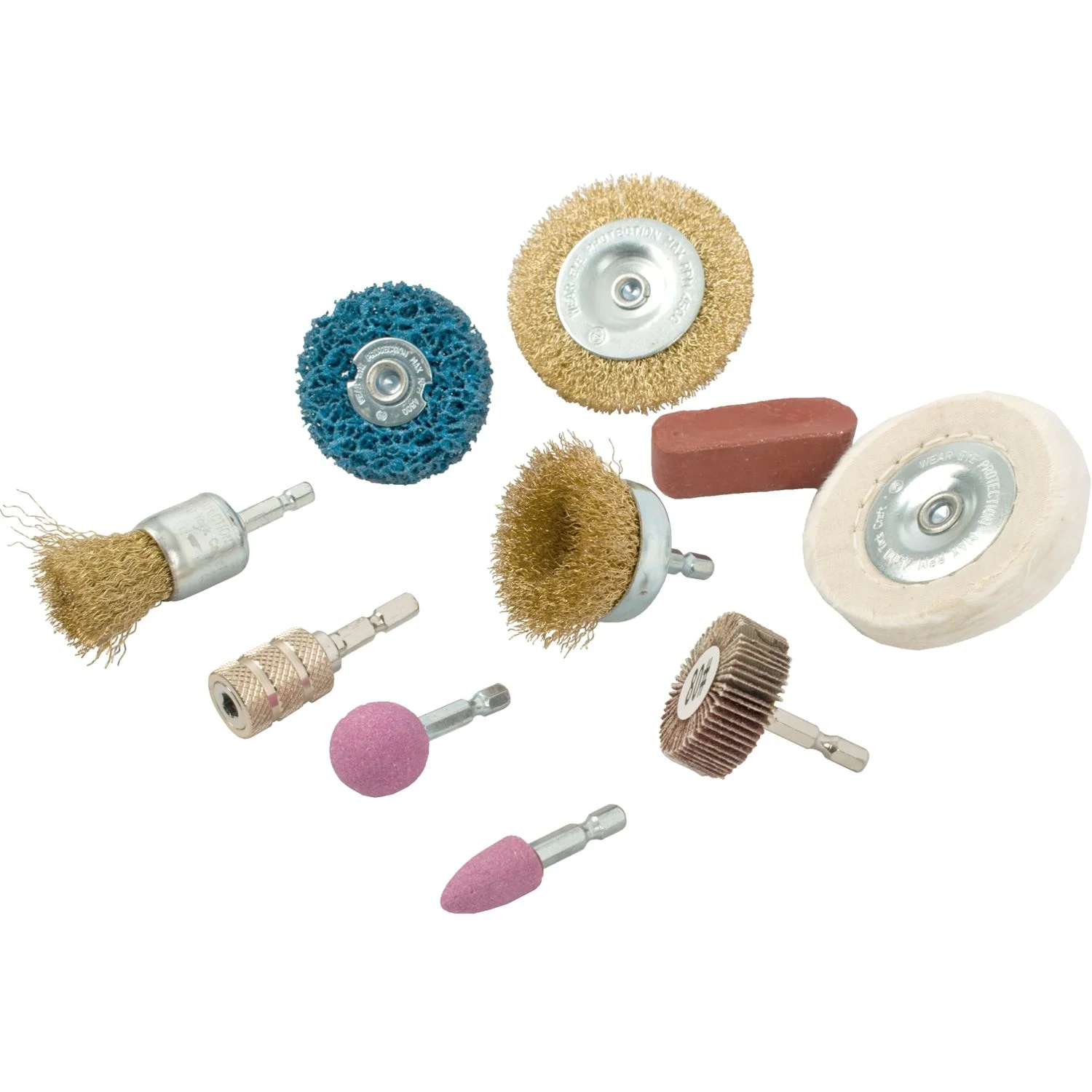 TCW010.webp WIRE BRUSH SET 10 PIECE WITH HEX SHANK and BUFF KIT FOR DRILL - Image 1