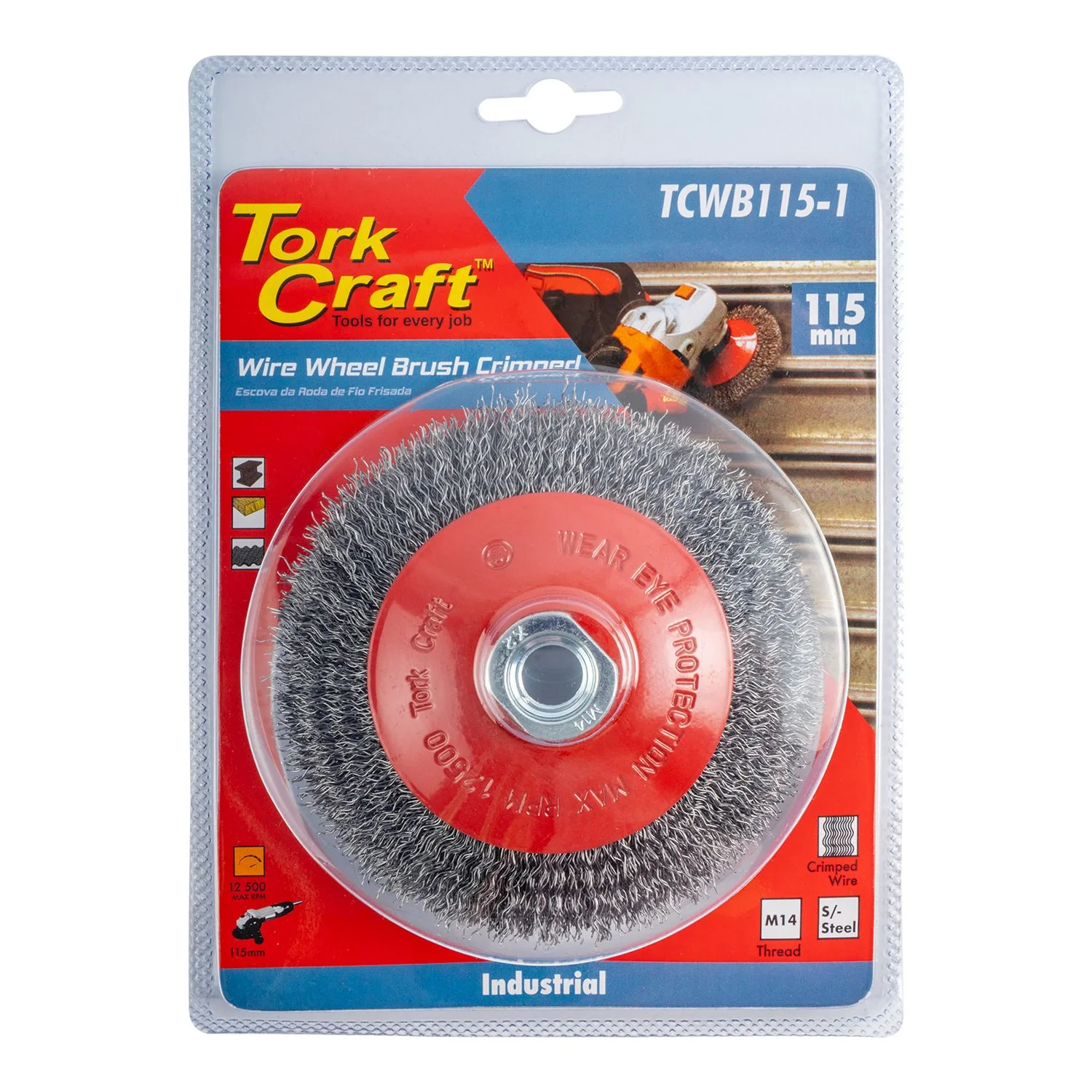 TCWB115-1.webp WIRE WHEEL BRUSH CRIMPED BEVEL PLAIN 115MMXM14 BLISTER - Image 1