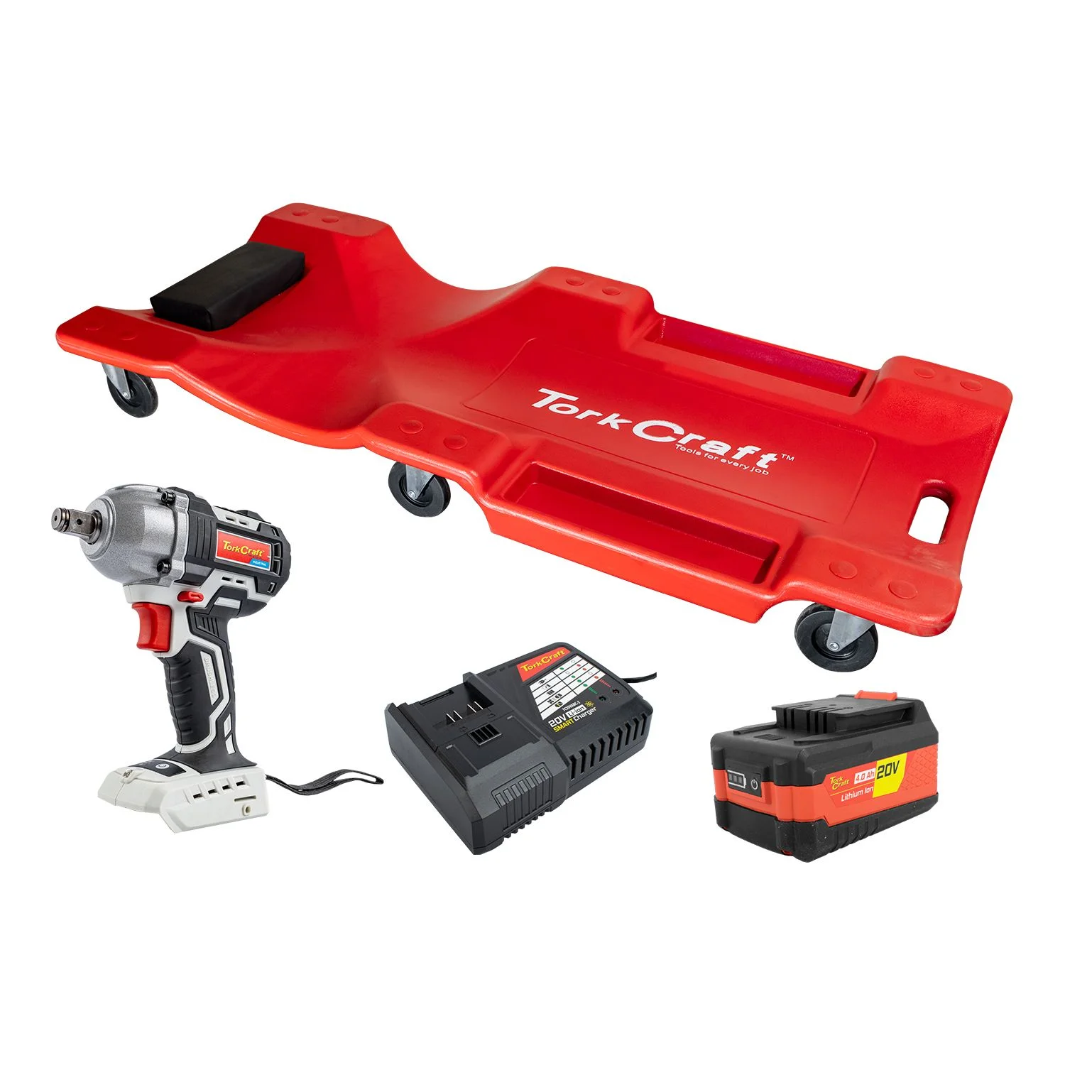 TORKIT052.webp IMP. WRENCH 450NM 4.0AH BAT SMART CHARGER PLASTIC CREEPER COMBO - Image 1