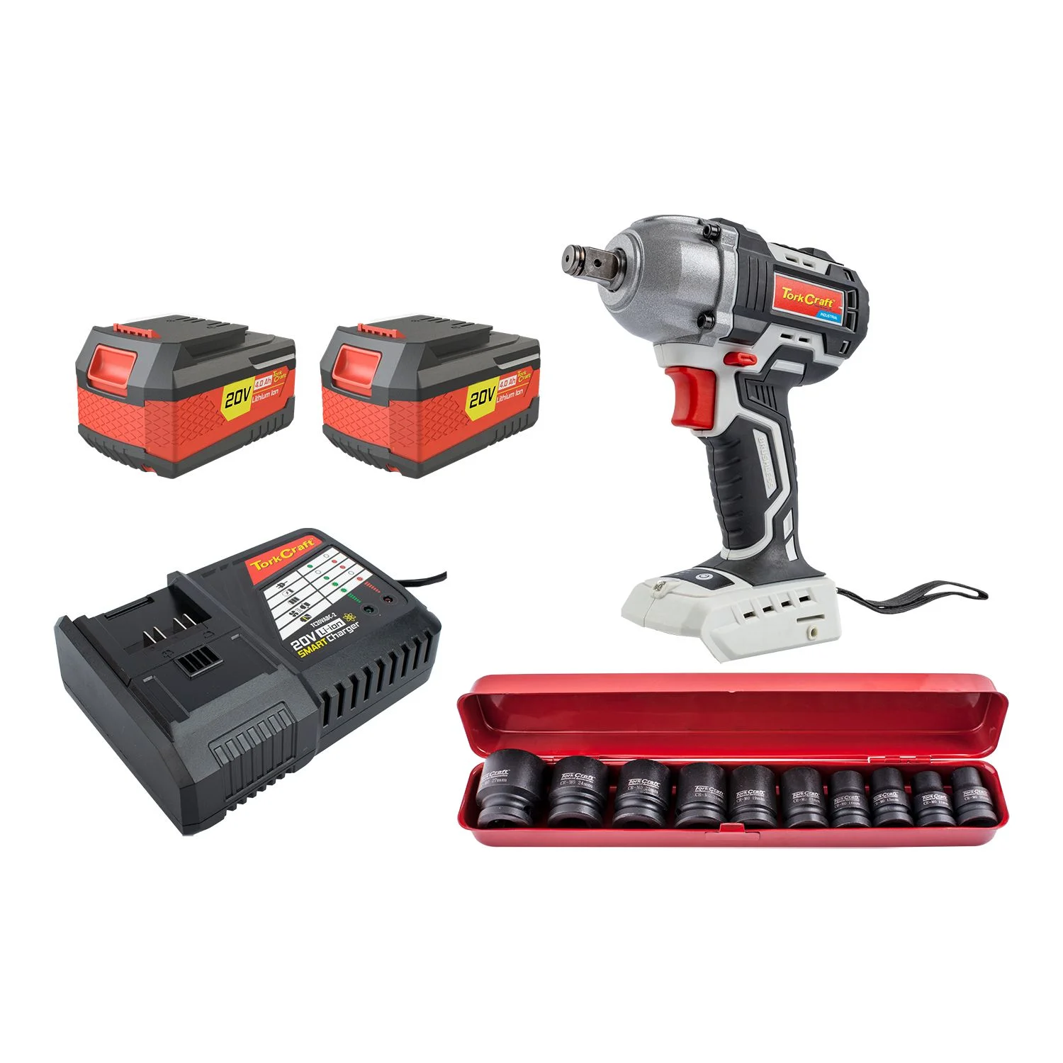 TORKIT055.webp IMP. WRENCH 450NM 2 X 4.0AH BAT SMART CHARGER 10PC IMP SOCKET SET - Image 1