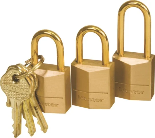 mas1190.webp MASTERLOCK PADLOCK BRASS 15MM P/3 K/ALIKE 205768 - Image 1