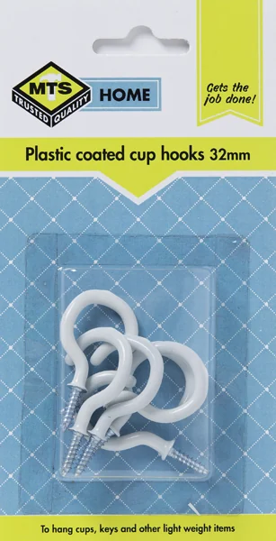 MTS HOME CUP HOOKS PLASTIC COATED WHITE 32MM P/6