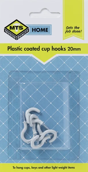 MTS HOME CUP HOOKS PLASTIC COATED WHITE 20MM P/6