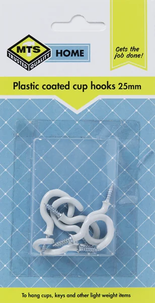 mts0095.webp MTS HOME CUP HOOKS PLASTIC COATED WHITE 25MM P/6 - Image 1