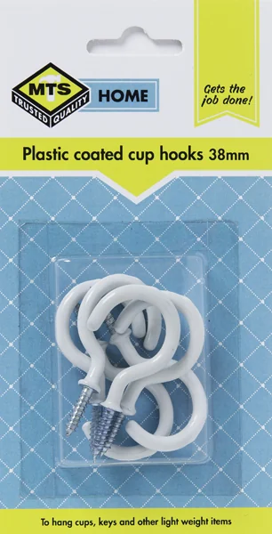 MTS HOME CUP HOOKS PLASTIC COATED WHITE 38MM P/6